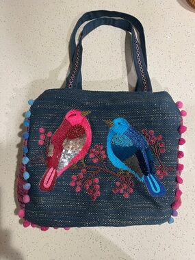 Embroidered Bird Tote Bag in Blue with Pink & Blue Accents